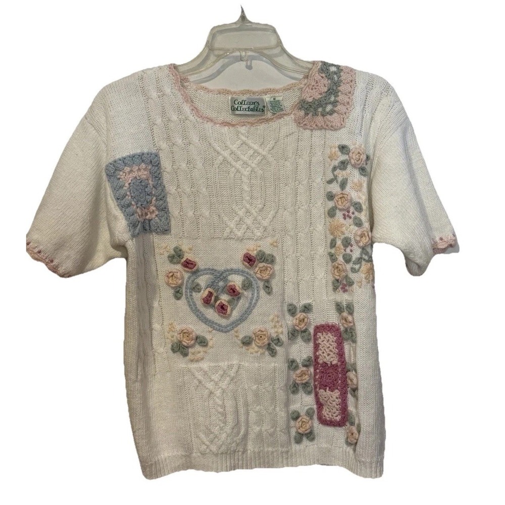 Colleens Collectables 90s Cottage Floral Embroidered Short Sleeve Knit Sweater M